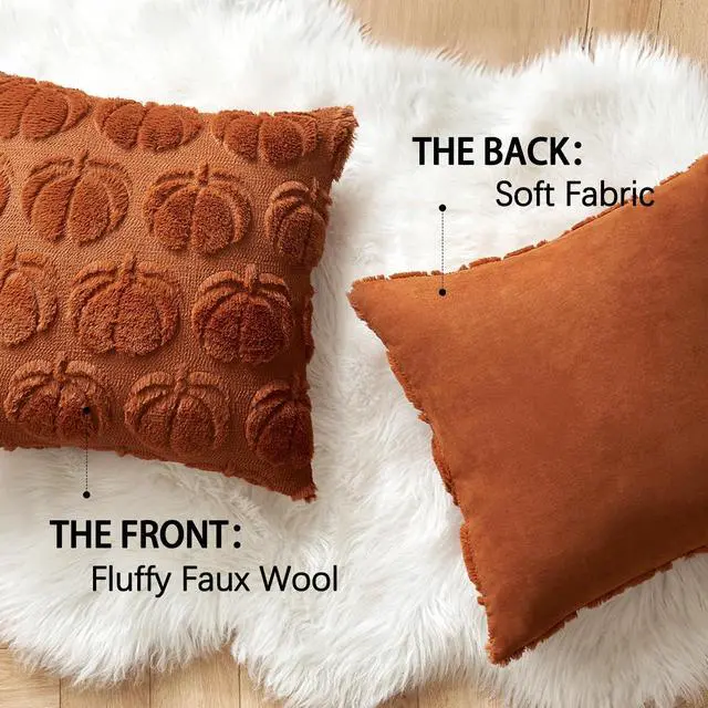 Alt view image 6 of 7 - Fall Pillow Covers Pumpkin Fall Decor 18x18 Dark Rust | Set of 2 Fall Decorations for Home, Plush Faux Fur Farmhouse Accent Pillowcases, Porch Sofa Couch Cushion Bed Livingroom