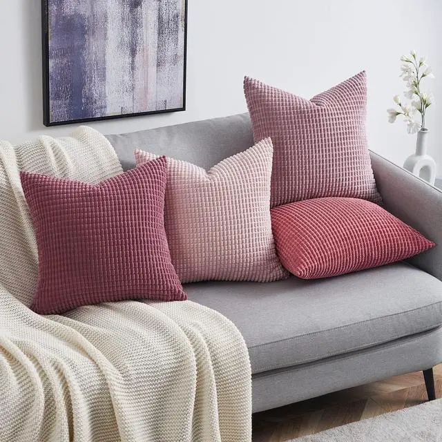 Alt view image 2 of 7 - Aesthetic Pink Room Decor Throw Pillows Covers for Couch Living Room Bedroom, Coquette Room Decorative Fluffy Corduroy Cushion Cover 18x18 Inch Set of 4 (Blush/Rose/Hot Pink)