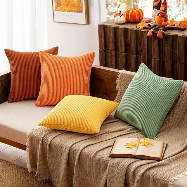Alt view image 3 of 7 - Fall Decorative Throw Pillow Covers Yellow Rust Green 18x18 | Set of 4, Vintage Retro Fall Decor, Mix and Match Color Clash Design, Vibrant Cushion Covers for Sofa Couch Bed Living Room