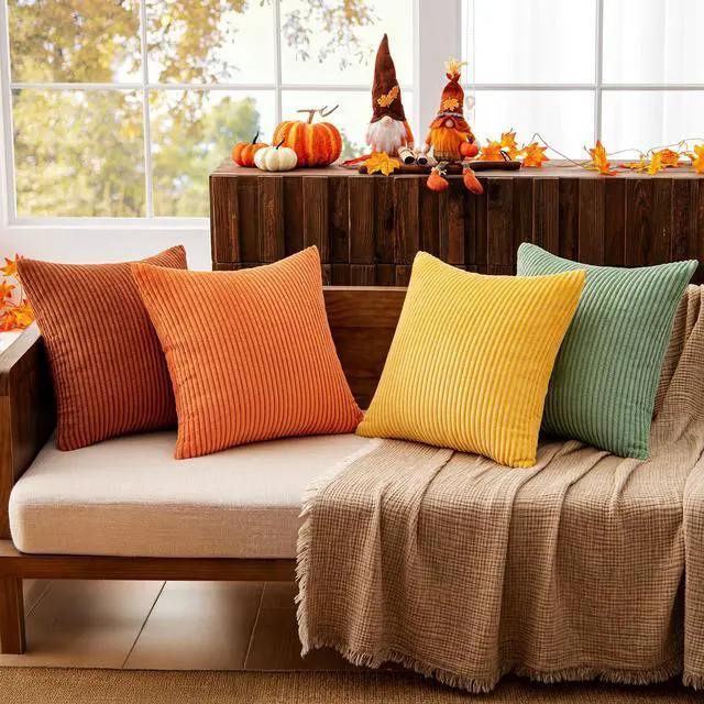 Alt view image 2 of 7 - Fall Decorative Throw Pillow Covers Yellow Rust Green 18x18 | Set of 4, Vintage Retro Fall Decor, Mix and Match Color Clash Design, Vibrant Cushion Covers for Sofa Couch Bed Living Room