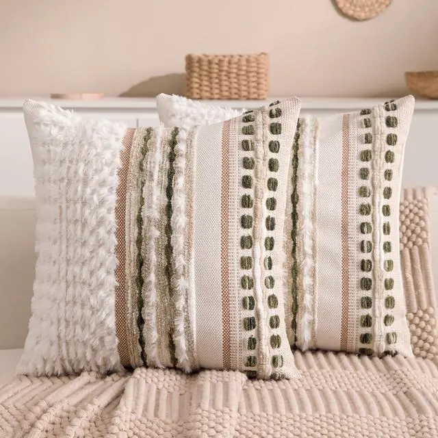 Main image of Boho Chenille Tufted Couch Throw Pillow Covers 18x18 Inch Set of 2 Farmhouse Striped Decorative Pillow Covers Accent Neutral Square Pillowcase Green Cushion Covers for Livingroom Sofa Bed