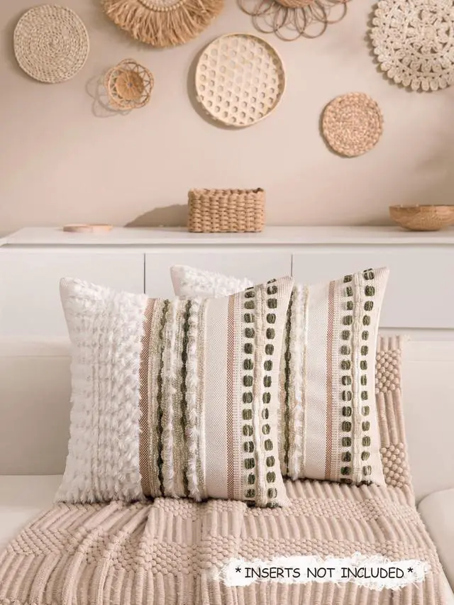 Alt view image 2 of 7 - Boho Chenille Tufted Couch Throw Pillow Covers 18x18 Inch Set of 2 Farmhouse Striped Decorative Pillow Covers Accent Neutral Square Pillowcase Green Cushion Covers for Livingroom Sofa Bed