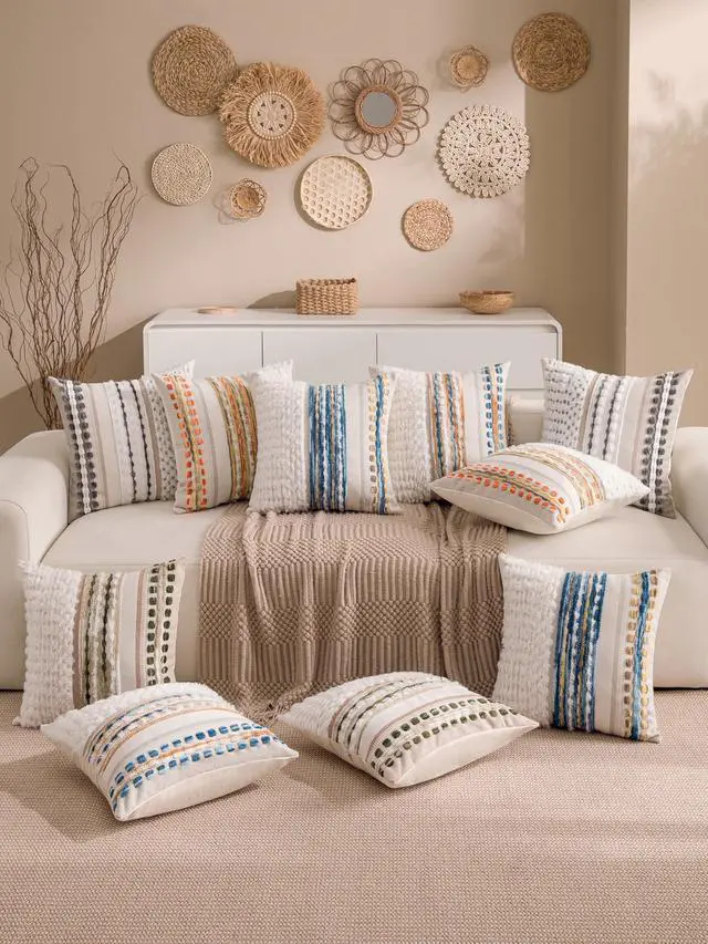 Alt view image 3 of 7 - Boho Chenille Tufted Couch Throw Pillow Covers 18x18 Inch Set of 2 Farmhouse Striped Decorative Pillow Covers Accent Neutral Square Pillowcase Green Cushion Covers for Livingroom Sofa Bed