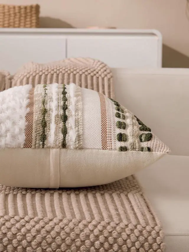 Alt view image 4 of 7 - Boho Chenille Tufted Couch Throw Pillow Covers 18x18 Inch Set of 2 Farmhouse Striped Decorative Pillow Covers Accent Neutral Square Pillowcase Green Cushion Covers for Livingroom Sofa Bed