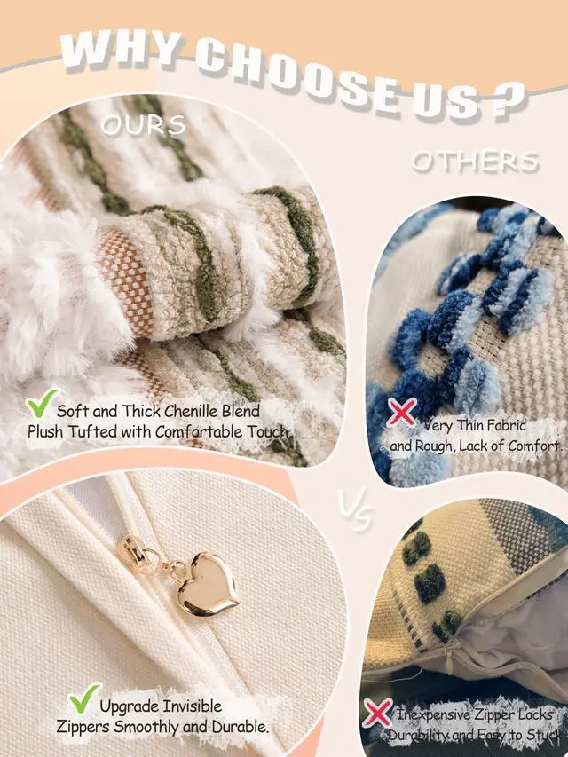 Alt view image 5 of 7 - Boho Chenille Tufted Couch Throw Pillow Covers 18x18 Inch Set of 2 Farmhouse Striped Decorative Pillow Covers Accent Neutral Square Pillowcase Green Cushion Covers for Livingroom Sofa Bed