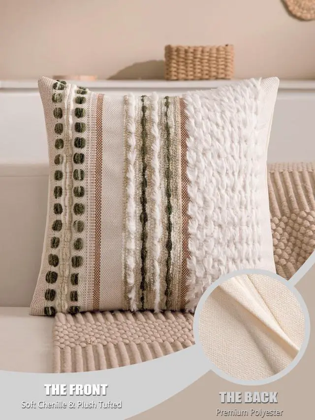 Alt view image 7 of 7 - Boho Chenille Tufted Couch Throw Pillow Covers 18x18 Inch Set of 2 Farmhouse Striped Decorative Pillow Covers Accent Neutral Square Pillowcase Green Cushion Covers for Livingroom Sofa Bed