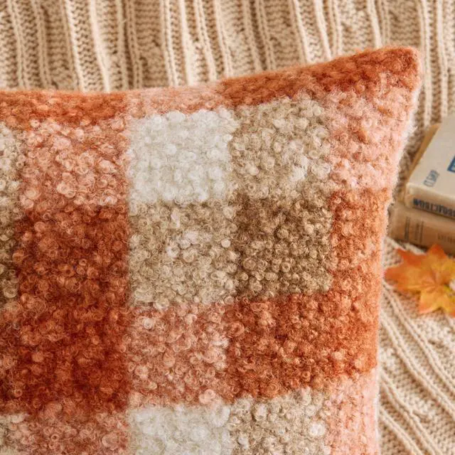 Alt view image 2 of 7 - Fall Plaid Pillow Covers Boucle Orange 18x18 Set of 2 | Autumn Decorations Farmhouse,Boucle Faux Fur Check Throw Pillow Covers,Cozy Fluffy Pillowcases,Couch Sofa Bed Home Decor