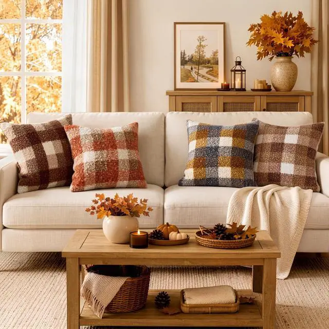 Alt view image 4 of 7 - Fall Plaid Pillow Covers Boucle Orange 18x18 Set of 2 | Autumn Decorations Farmhouse,Boucle Faux Fur Check Throw Pillow Covers,Cozy Fluffy Pillowcases,Couch Sofa Bed Home Decor