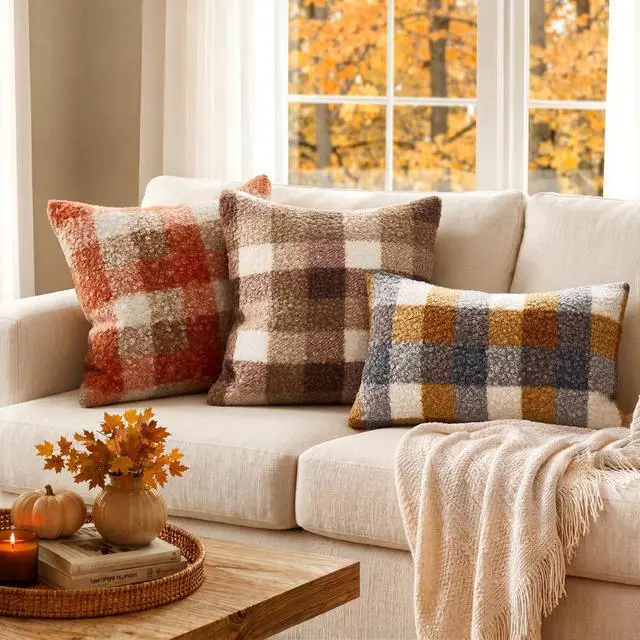 Alt view image 3 of 7 - Fall Plaid Pillow Covers Boucle Orange 18x18 Set of 2 | Autumn Decorations Farmhouse,Boucle Faux Fur Check Throw Pillow Covers,Cozy Fluffy Pillowcases,Couch Sofa Bed Home Decor