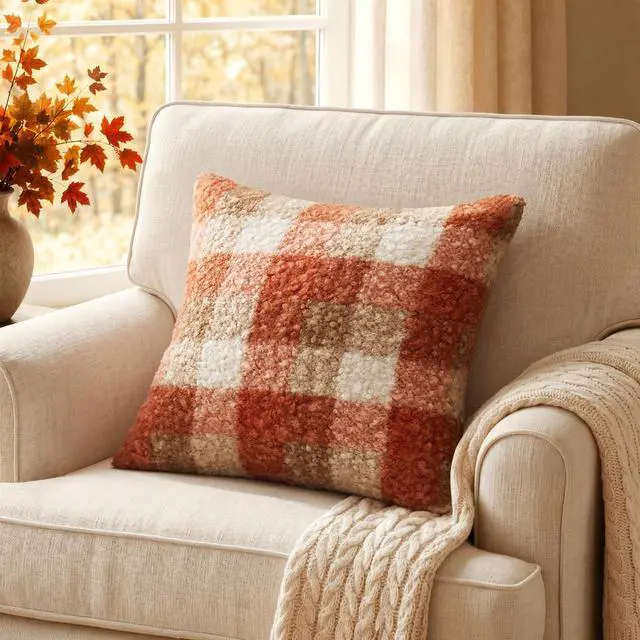 Alt view image 6 of 7 - Fall Plaid Pillow Covers Boucle Orange 18x18 Set of 2 | Autumn Decorations Farmhouse,Boucle Faux Fur Check Throw Pillow Covers,Cozy Fluffy Pillowcases,Couch Sofa Bed Home Decor
