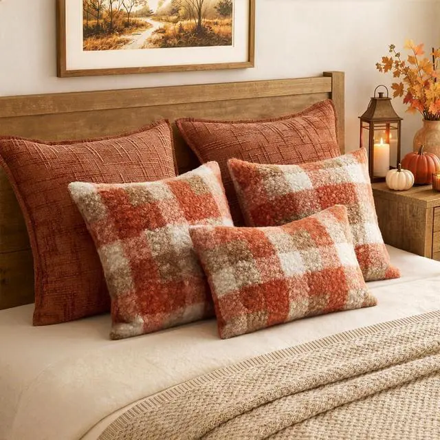 Alt view image 5 of 7 - Fall Plaid Pillow Covers Boucle Orange 18x18 Set of 2 | Autumn Decorations Farmhouse,Boucle Faux Fur Check Throw Pillow Covers,Cozy Fluffy Pillowcases,Couch Sofa Bed Home Decor