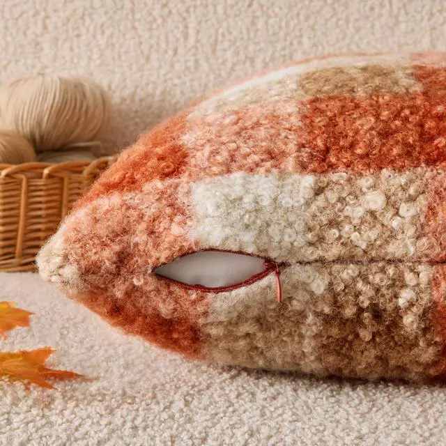 Alt view image 7 of 7 - Fall Plaid Pillow Covers Boucle Orange 18x18 Set of 2 | Autumn Decorations Farmhouse,Boucle Faux Fur Check Throw Pillow Covers,Cozy Fluffy Pillowcases,Couch Sofa Bed Home Decor