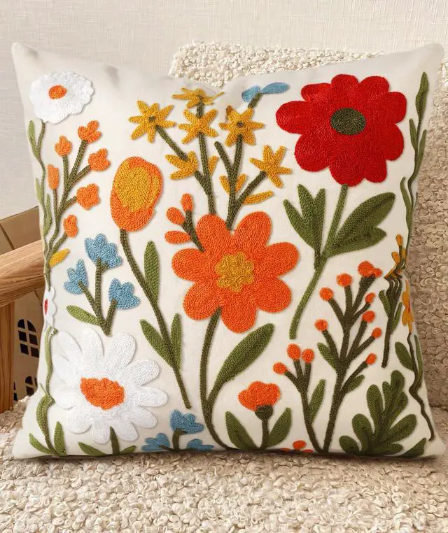 Main image of Embroidered Throw Pillow Cover 18x18 Inch, Flower Cluster | Decorative Pillow Cover, Floral Farmhouse Cushion Case with Hidden Zipper, Home Decor for Couch, Sofa, Living Room, Bedroom
