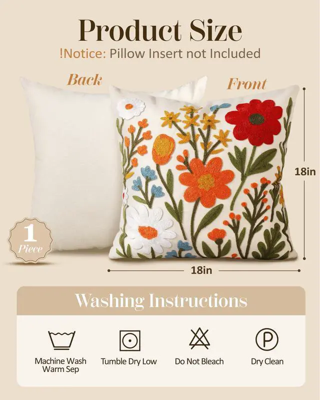 Alt view image 4 of 6 - Embroidered Throw Pillow Cover 18x18 Inch, Flower Cluster | Decorative Pillow Cover, Floral Farmhouse Cushion Case with Hidden Zipper, Home Decor for Couch, Sofa, Living Room, Bedroom