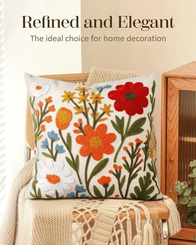Alt view image 5 of 6 - Embroidered Throw Pillow Cover 18x18 Inch, Flower Cluster | Decorative Pillow Cover, Floral Farmhouse Cushion Case with Hidden Zipper, Home Decor for Couch, Sofa, Living Room, Bedroom