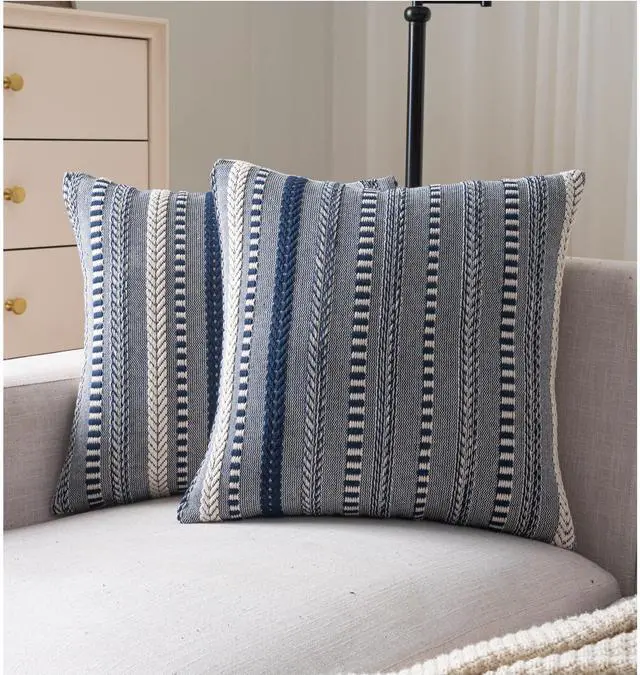 Main image of Boho Throw Pillow Covers 18x18 Inch Set of 2, Farmhouse Decorative Couch Pillow Cases, Navy Blue Accent Pillows of Bed, Sofa Bedroom Living Room Home Decor Cushion Cover