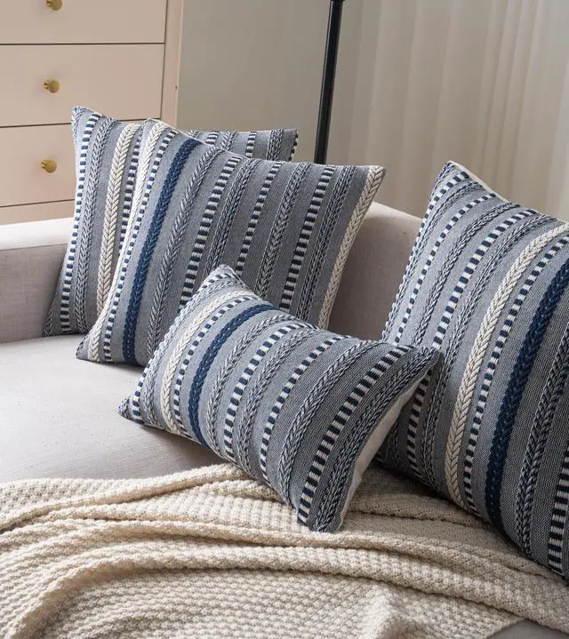 Alt view image 2 of 6 - Boho Throw Pillow Covers 18x18 Inch Set of 2, Farmhouse Decorative Couch Pillow Cases, Navy Blue Accent Pillows of Bed, Sofa Bedroom Living Room Home Decor Cushion Cover