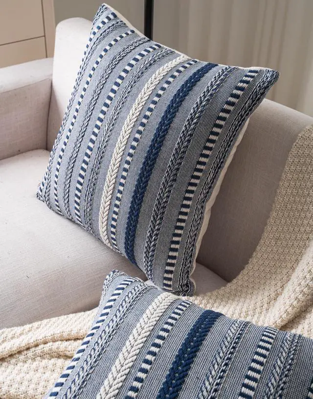 Alt view image 3 of 6 - Boho Throw Pillow Covers 18x18 Inch Set of 2, Farmhouse Decorative Couch Pillow Cases, Navy Blue Accent Pillows of Bed, Sofa Bedroom Living Room Home Decor Cushion Cover