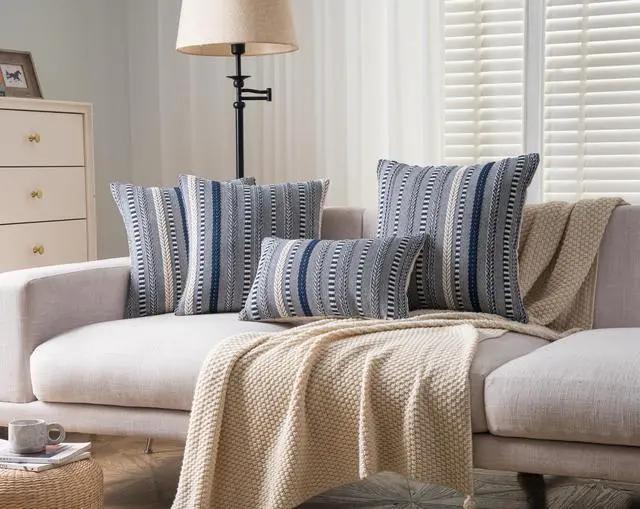Alt view image 6 of 6 - Boho Throw Pillow Covers 18x18 Inch Set of 2, Farmhouse Decorative Couch Pillow Cases, Navy Blue Accent Pillows of Bed, Sofa Bedroom Living Room Home Decor Cushion Cover