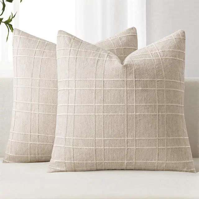 Main image of Linen Plaid Pillow Covers Decorative 20x20 Natural Beige | Set of 2 Neutral Vintage Throw Pillow Covers Gingham Modern Farmhouse Home Decor for Sofa Couch Cushion Bed