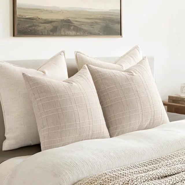 Alt view image 5 of 7 - Linen Plaid Pillow Covers Decorative 20x20 Natural Beige | Set of 2 Neutral Vintage Throw Pillow Covers Gingham Modern Farmhouse Home Decor for Sofa Couch Cushion Bed