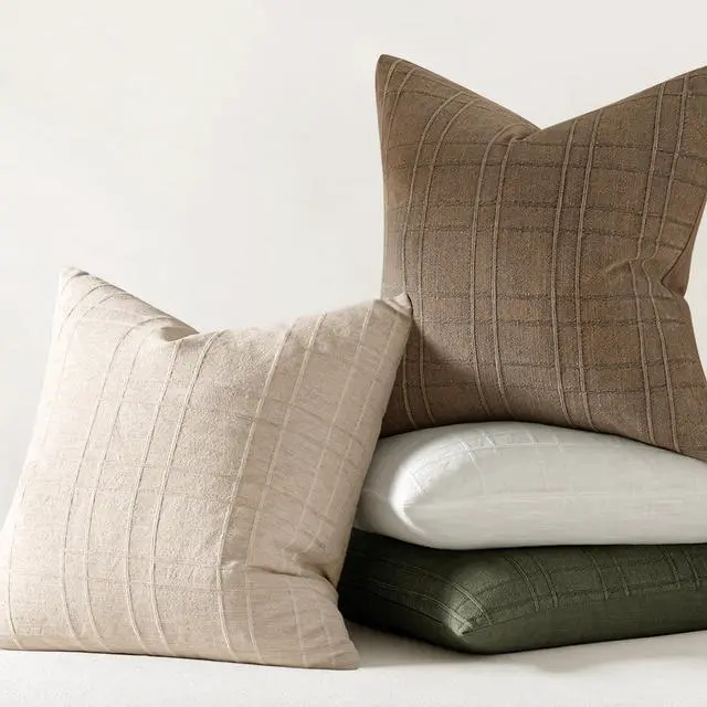 Alt view image 6 of 7 - Linen Plaid Pillow Covers Decorative 20x20 Natural Beige | Set of 2 Neutral Vintage Throw Pillow Covers Gingham Modern Farmhouse Home Decor for Sofa Couch Cushion Bed