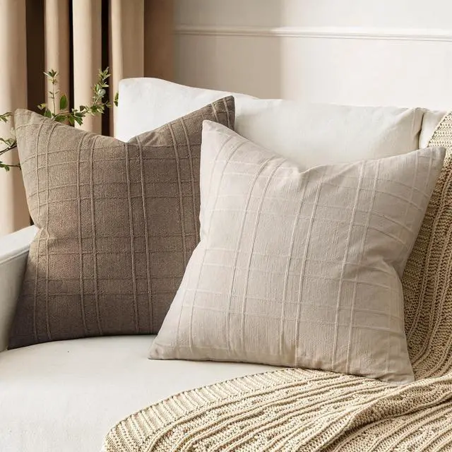 Alt view image 3 of 7 - Linen Plaid Pillow Covers Decorative 20x20 Natural Beige | Set of 2 Neutral Vintage Throw Pillow Covers Gingham Modern Farmhouse Home Decor for Sofa Couch Cushion Bed