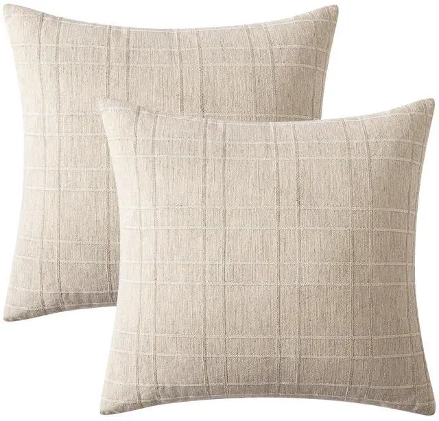 Alt view image 7 of 7 - Linen Plaid Pillow Covers Decorative 20x20 Natural Beige | Set of 2 Neutral Vintage Throw Pillow Covers Gingham Modern Farmhouse Home Decor for Sofa Couch Cushion Bed
