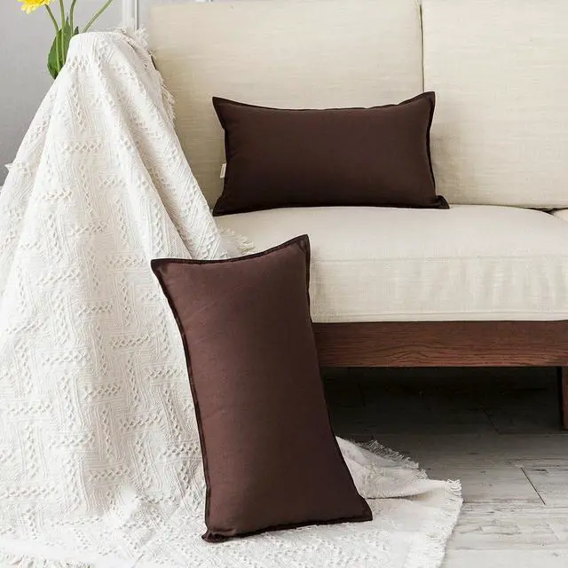 Alt view image 3 of 7 - Cotton Linen Square Decorative Throw Pillow Case Cushion Cover with Twin Needles Stitch on Edge, 12"x20"(30 x 50cm), 2 Pcs, Brown