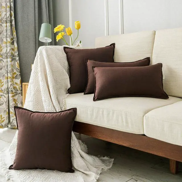 Alt view image 4 of 7 - Cotton Linen Square Decorative Throw Pillow Case Cushion Cover with Twin Needles Stitch on Edge, 12"x20"(30 x 50cm), 2 Pcs, Brown