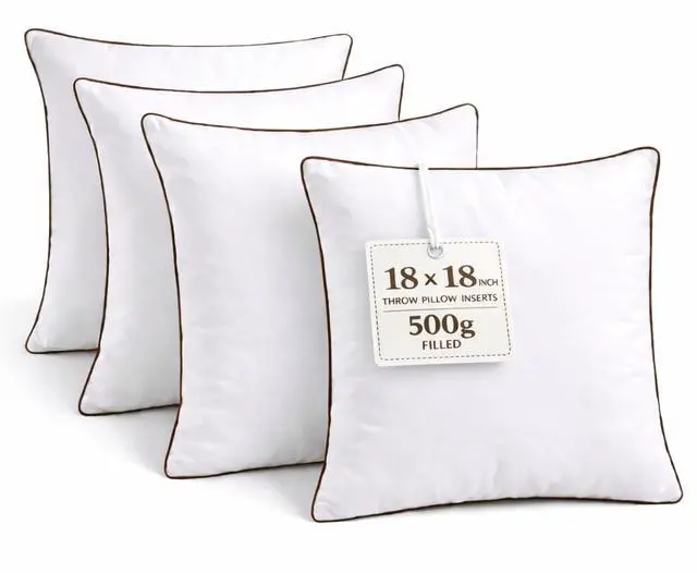 Main image of 18 x 18 Inch Throw Pillow Inserts Set of 4 Square White Cushion Forms with Brown Piping, 500g Filled for Decorative Pillow Covers