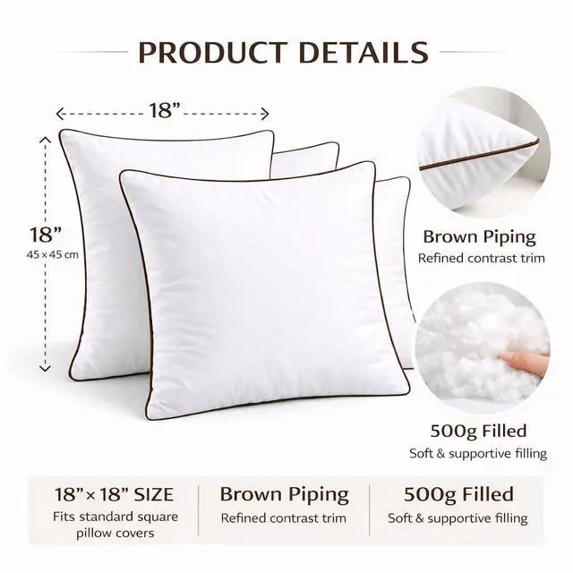 Alt view image 2 of 6 - 18 x 18 Inch Throw Pillow Inserts Set of 4 Square White Cushion Forms with Brown Piping, 500g Filled for Decorative Pillow Covers