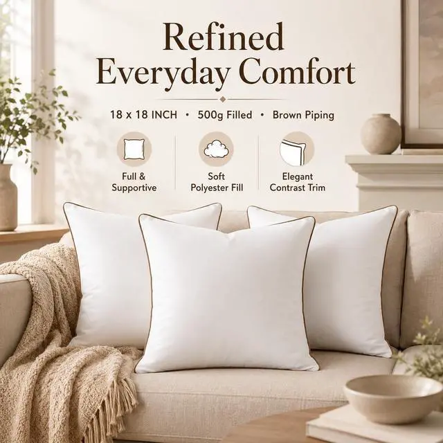Alt view image 6 of 6 - 18 x 18 Inch Throw Pillow Inserts Set of 4 Square White Cushion Forms with Brown Piping, 500g Filled for Decorative Pillow Covers