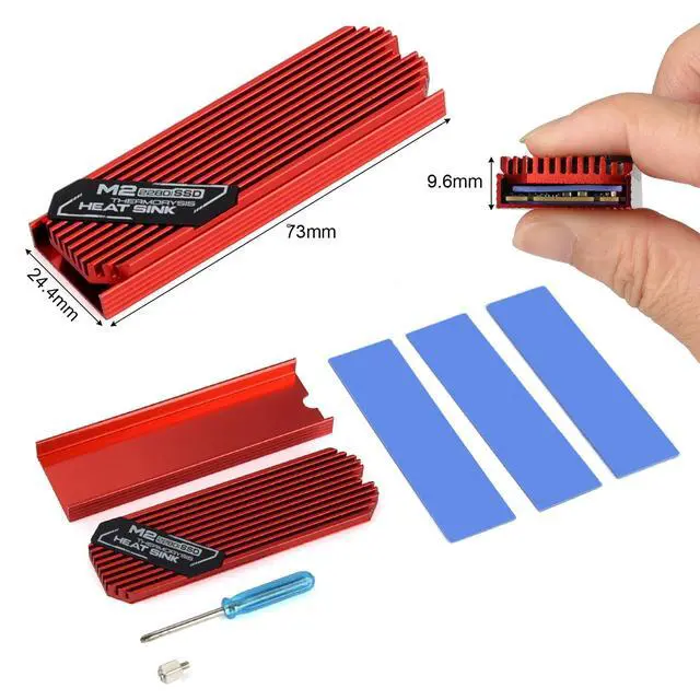 Alt view image 2 of 7 - M.2 SSD Heatsink 2280 Thin Cooler with Nano Thermal Pads 0.5mm-1mm | 9.6mm ultra-thin Red Heatsink, NVME M2 Thermal Pad Double-Sided Heat Sink for PC/PS5/Gaming Laptops,Wide compatibility