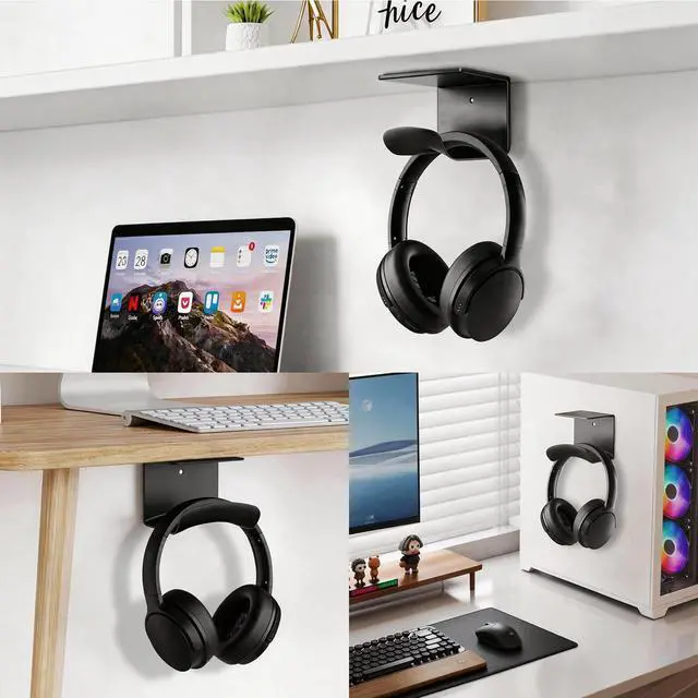 Alt view image 7 of 7 - Headphone Holder, Aluminum Headset Hanger with Adhesive Mount | Space Saving Headphone Stand for Gaming Desk, Computer, Office Setup, Black