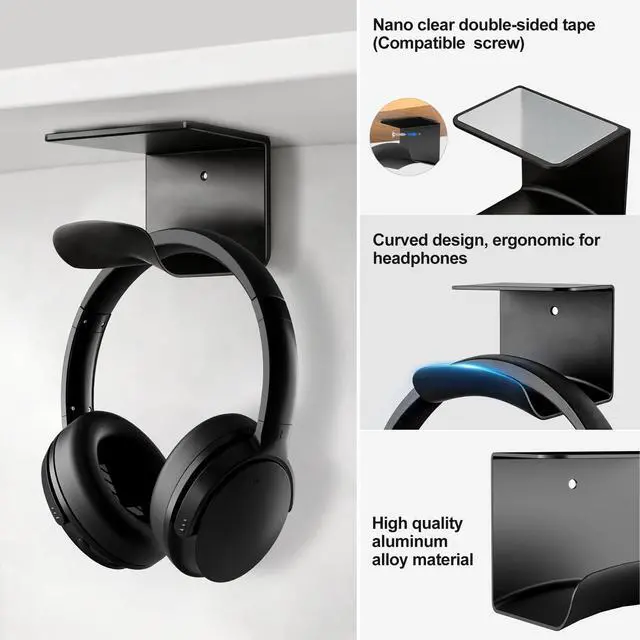 Alt view image 2 of 7 - Headphone Holder, Aluminum Headset Hanger with Adhesive Mount | Space Saving Headphone Stand for Gaming Desk, Computer, Office Setup, Black