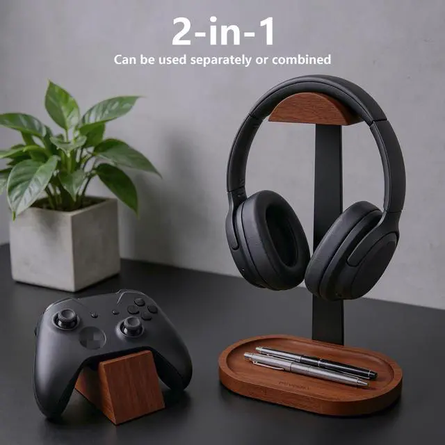 Alt view image 2 of 7 - Wooden Headphone Stand for Desk,Controller Stand for Desk with Storage Base | Controller and Headset Stand,Headset Holder with Gaming Controller Holder (Walnut)