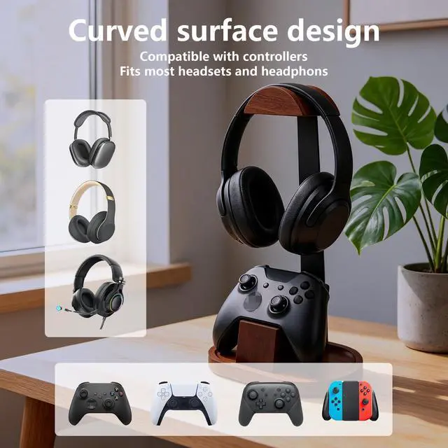 Alt view image 3 of 7 - Wooden Headphone Stand for Desk,Controller Stand for Desk with Storage Base | Controller and Headset Stand,Headset Holder with Gaming Controller Holder (Walnut)