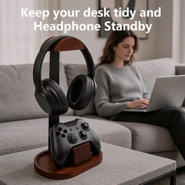 Alt view image 7 of 7 - Wooden Headphone Stand for Desk,Controller Stand for Desk with Storage Base | Controller and Headset Stand,Headset Holder with Gaming Controller Holder (Walnut)