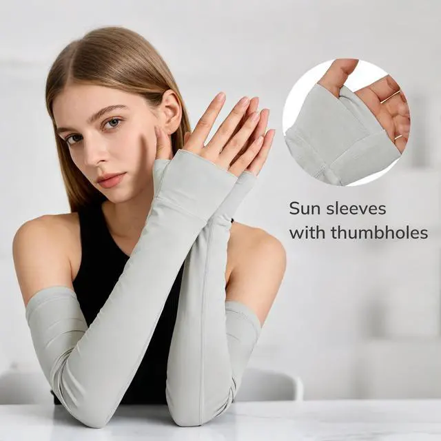 Alt view image 6 of 7 - Unisex Bamboo Viscose Arm Sleeves with Thumb Hole | Ultra Soft, UPF 50+ UV Sun Protection, Cooling Sleeves for Outdoors & Gardening, Pastel Sage, Large/X-Large