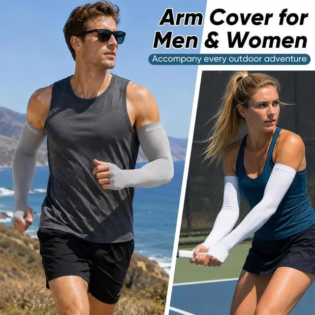 Alt view image 4 of 6 - Arm Sleeves with Thumb Hole for Men Women, Sun Protection Sports UV Cooling Sleeves for Football Golf Volleyball (Black, Medium)