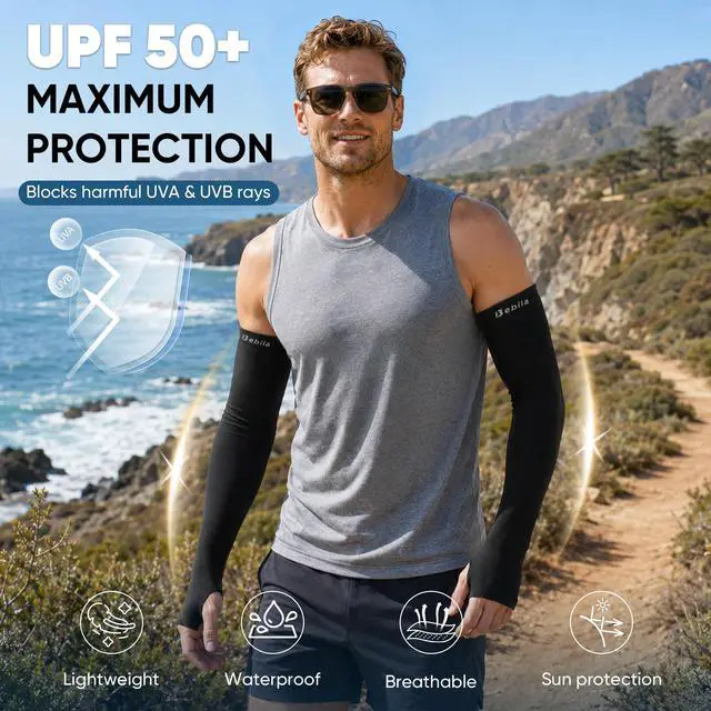 Alt view image 2 of 6 - Arm Sleeves with Thumb Hole for Men Women, Sun Protection Sports UV Cooling Sleeves for Football Golf Volleyball (Black, Medium)