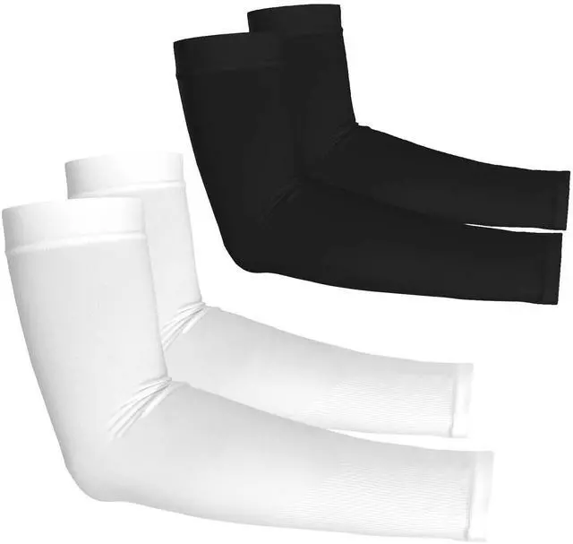 Main image of UPF 50 Arm Sleeves, 2 Pairs, White Black, Set A | Cooling sports sleeves, UV sun protection, tattoo cover, basketball golf hiking running, 2 pairs, White Black, set A