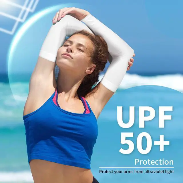 Alt view image 4 of 6 - UPF 50 Arm Sleeves, 2 Pairs, White Black, Set A | Cooling sports sleeves, UV sun protection, tattoo cover, basketball golf hiking running, 2 pairs, White Black, set A