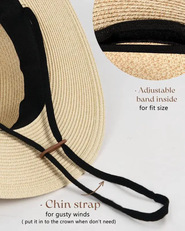 Alt view image 5 of 7 - Womens Mens Wide Brim Straw Panama Hat Fedora Summer Beach Sun Hat | Breathable Paper Straw, Classic Ribbon Trim, UPF Protection, Adjustable Band Inside, Chin Strap for Gusty Winds