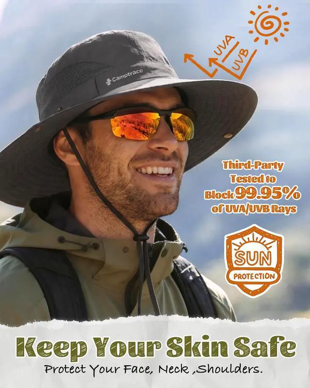Alt view image 2 of 7 - Sun Hats for Men Breathable UPF 80+ Wide Brim Bucket Hat, Outdoor Hiking Beach Fishing Hats Dark Grey