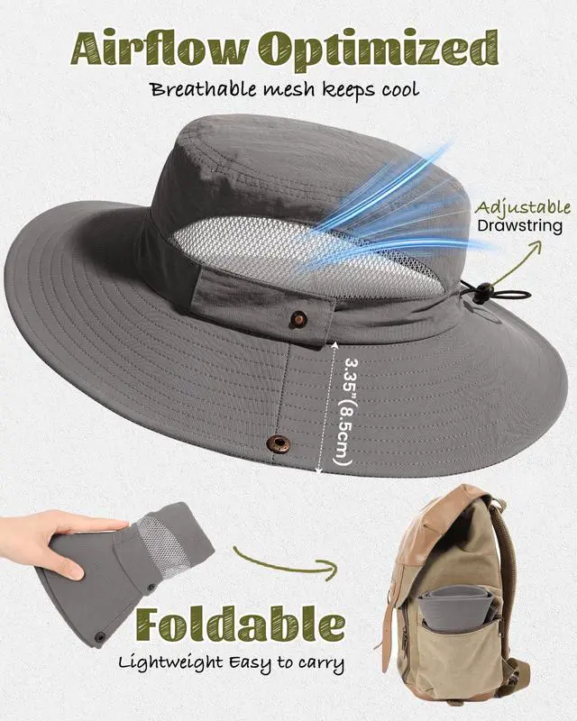 Alt view image 4 of 7 - Sun Hats for Men Breathable UPF 80+ Wide Brim Bucket Hat, Outdoor Hiking Beach Fishing Hats Dark Grey
