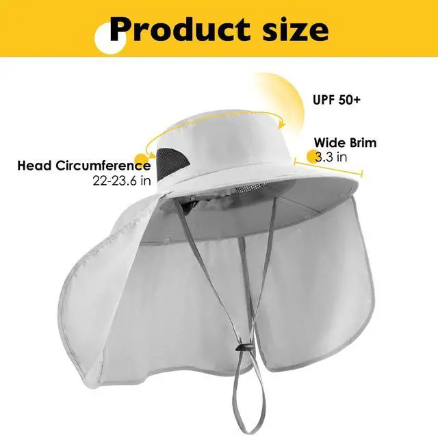 Alt view image 7 of 7 - Fishing Hat for Men&Women,Outdoor UV Waterproof Wide Brim Bucket Hat,UPF50+ Sun Hat with Neck Flap Light Grey