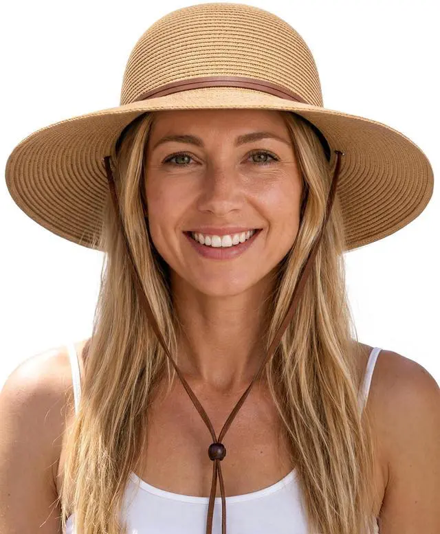 Main image of Womens Wide Brim Sun Hat with Wind Lanyard UPF Summer Straw Sun Hats for Women Khaki