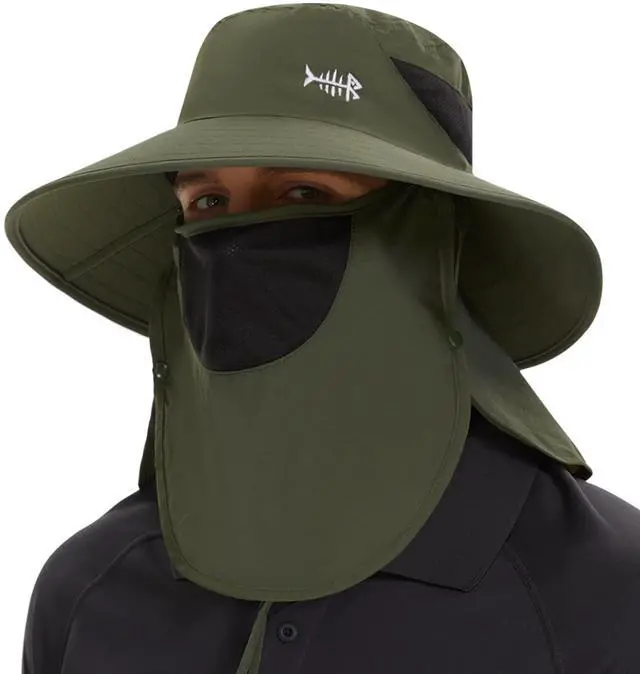 Main image of UPF 50+ Breathable Sun Hat with Removable Face Cover and Neck Flap Wide Brim Bucket Hat for Fishing Hiking Men Women Army Green